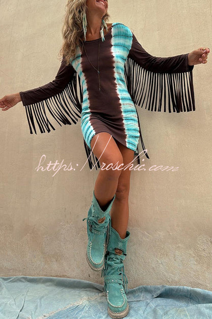 KONI Tie-dye Print Long Fringed Sleeve Crew Neck Stretch Mini Dress
