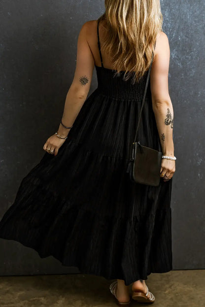 black smocked pleated maxi dress