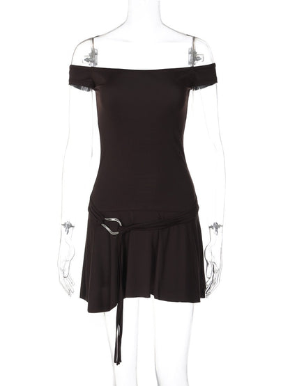 TARUXY Sexy Off Shoulder Sleeveless Strapless Mini Dress For Women Splice Flounced Edge Slim With Belt Club Party Dresses Female