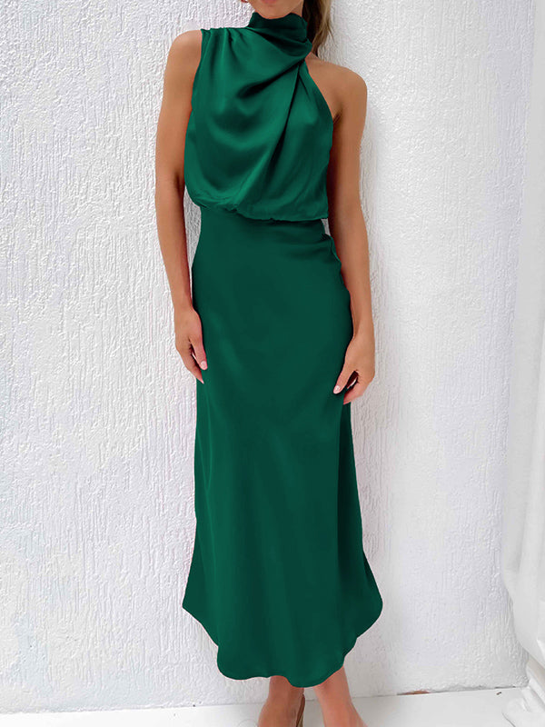 Sleeveless Solid Color Halter-Neck Midi Dresses