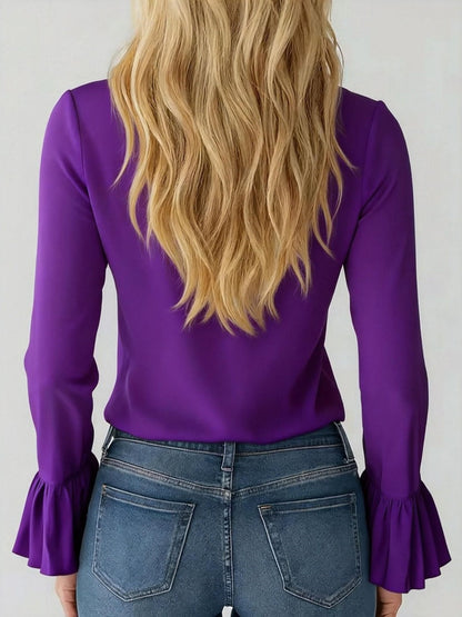 V-neck French Ruffle Puff Sleeve Chiffon Blouse