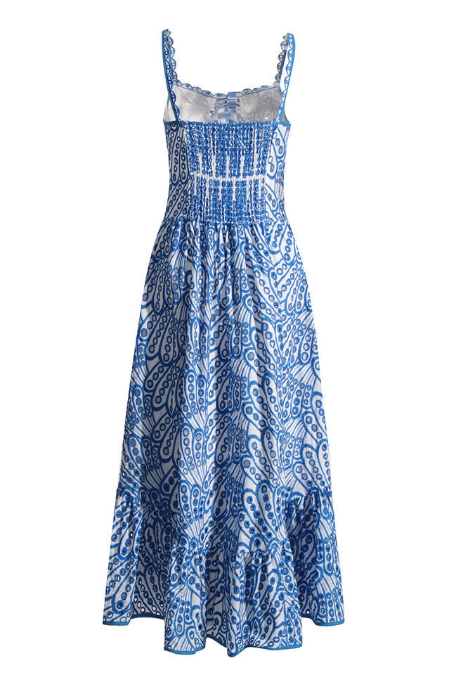 Eyelet Embroidery Spaghetti Strap Smocked Tiered Ruffle Hem Maxi Dress