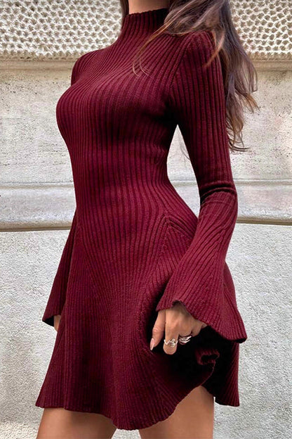 Margovil High Neck Long Sleeves Ribbed Knit Mini Sweater Dress