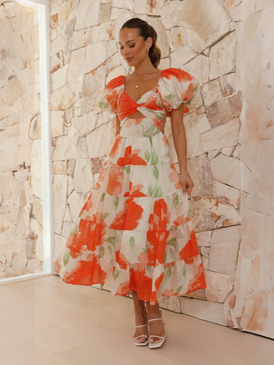 Printed Puff Sleeve Sweetheart Collar Vacation Maxi Dresses