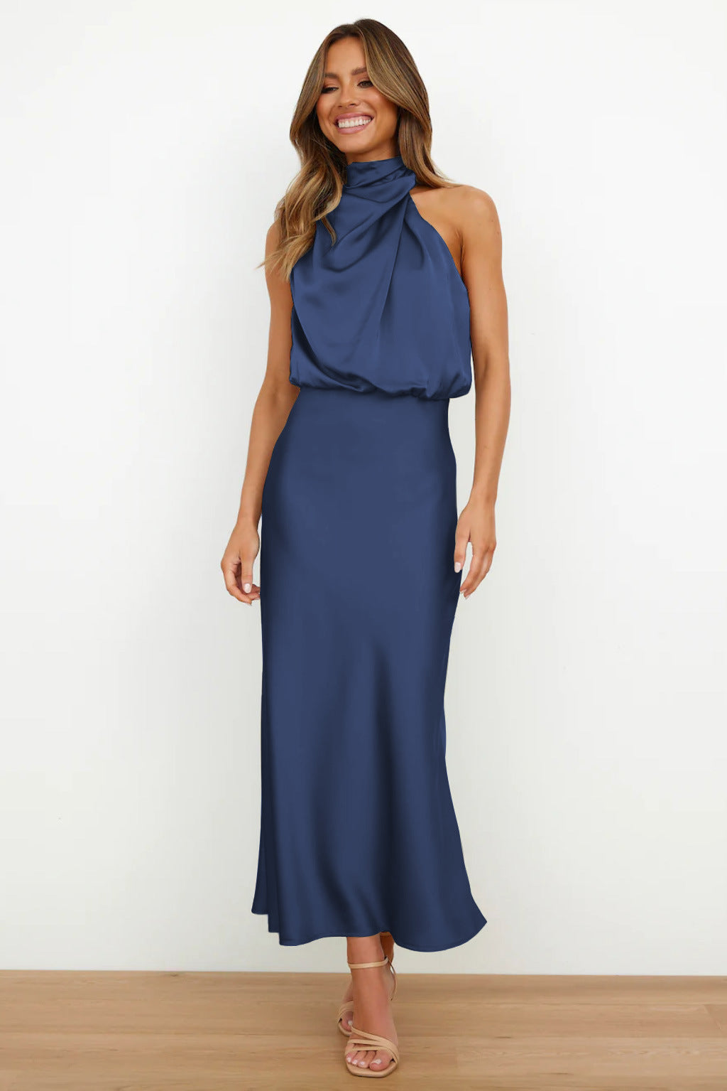 Satin High Neck Keyhole Back Sleeveless Bias-Cut A-Line Maxi Dress