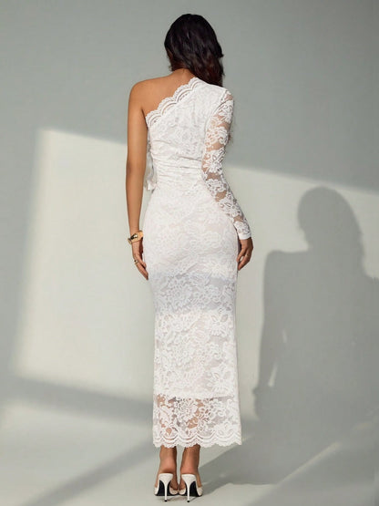 Lace Hollow Asymmetrical Sloping Shoulders Hip-hugging Formal Dress Maxi Dresses
