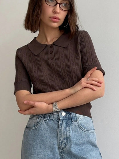 Hollow Crochet Lapel Short Sleeve Knitwear T-shirts