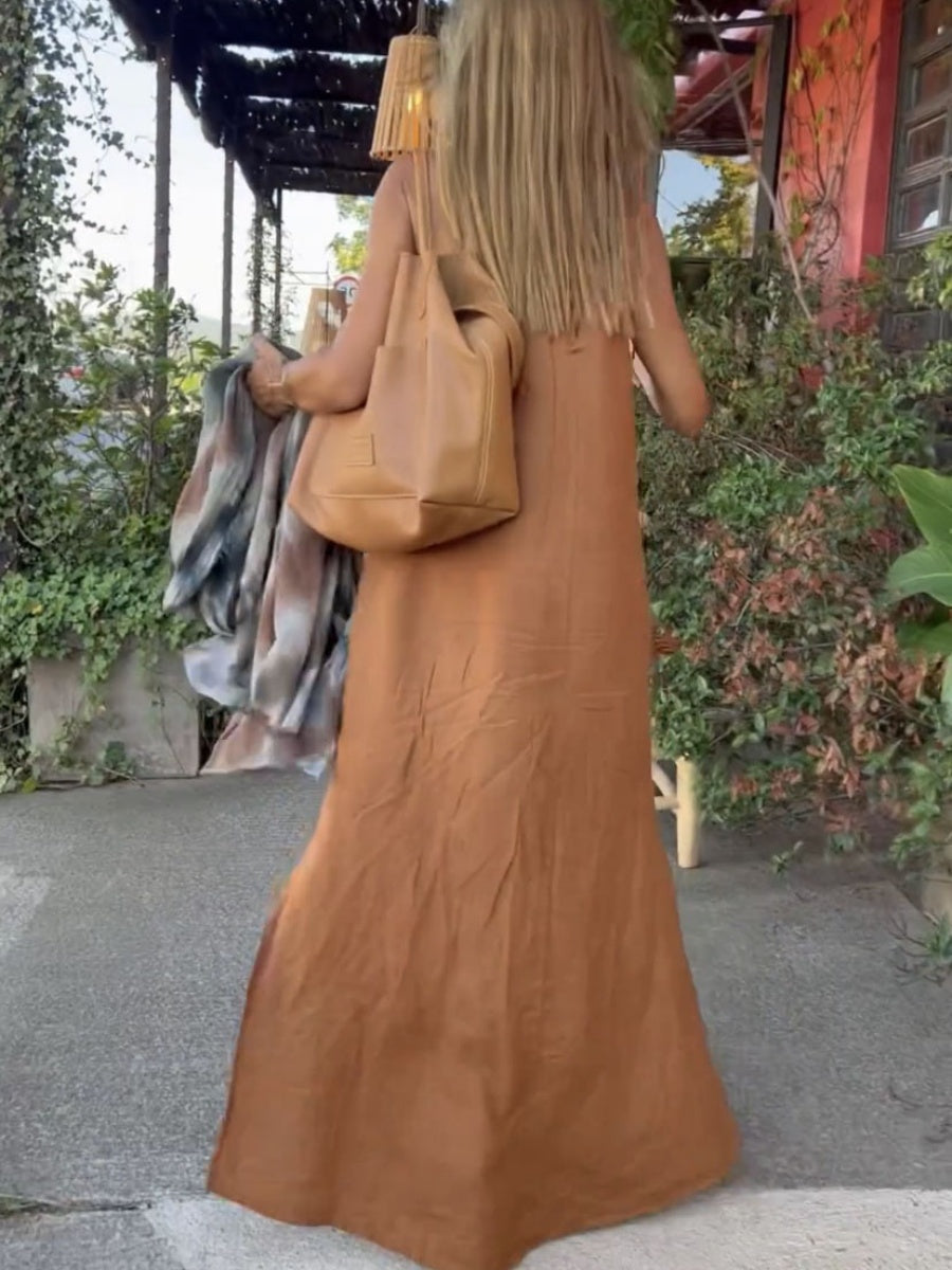 Halter Neck Slit Cotton And Linen Long Dress For Casual Vacations