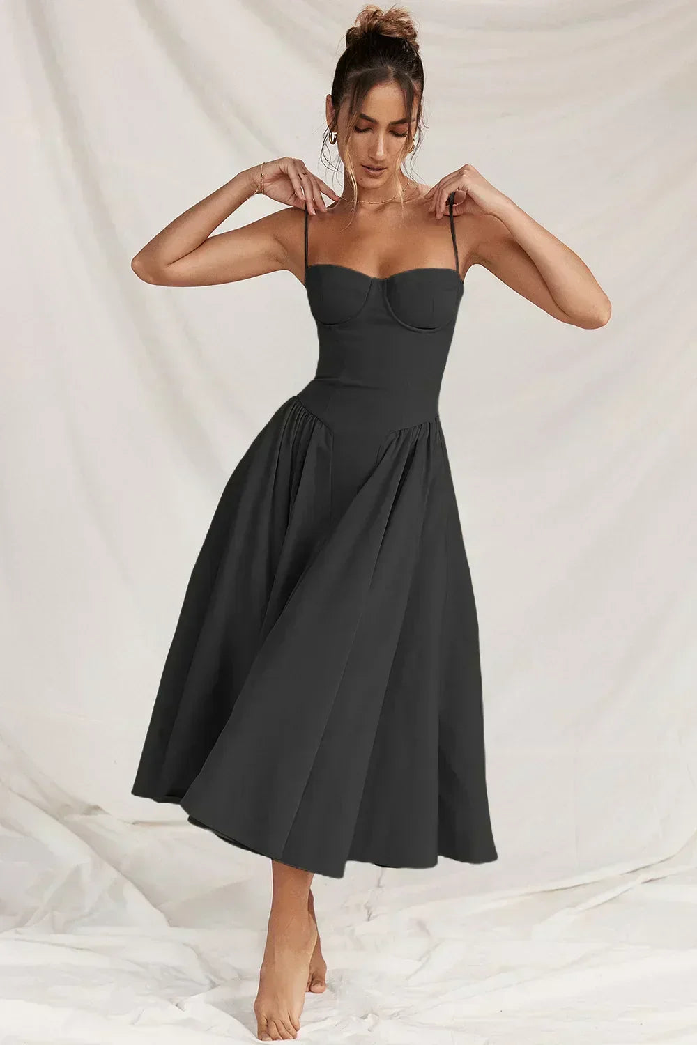 Corset Bustier Spaghetti Strap Basque Waist Pleated Midi Dress