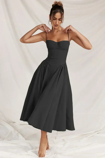 Corset Bustier Spaghetti Strap Basque Waist Pleated Midi Dress