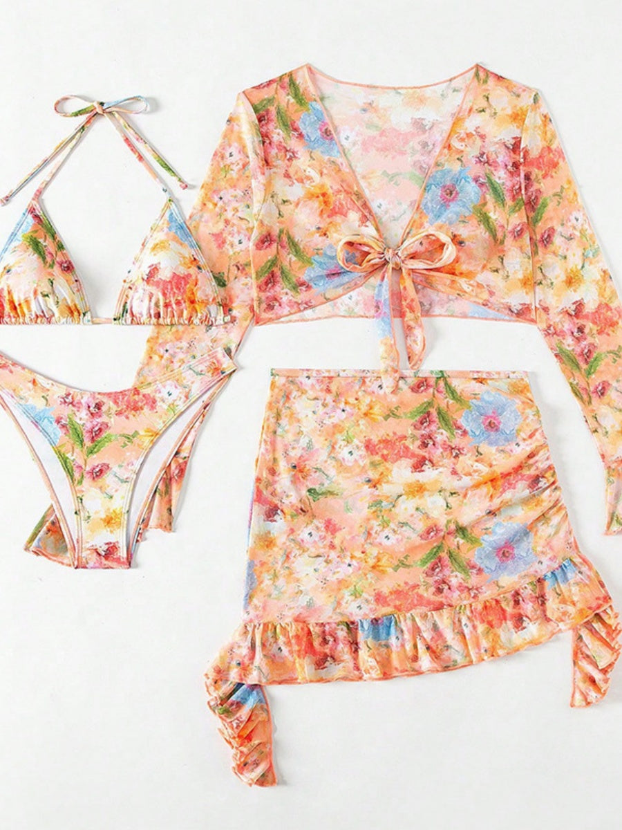 Floral Print Ruffled Bikini Four-Piece Set