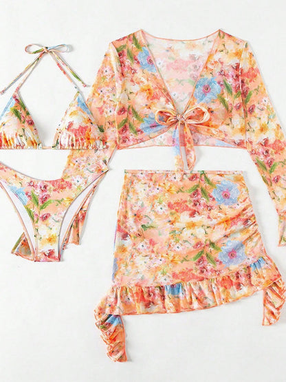 Floral Print Ruffled Bikini Four-Piece Set