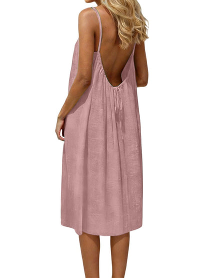 Ice Silk Linen Backless Halter Solid Color Midi Dress