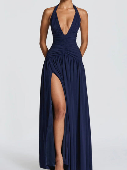 Deep V Halter Backless Maxi Dresses