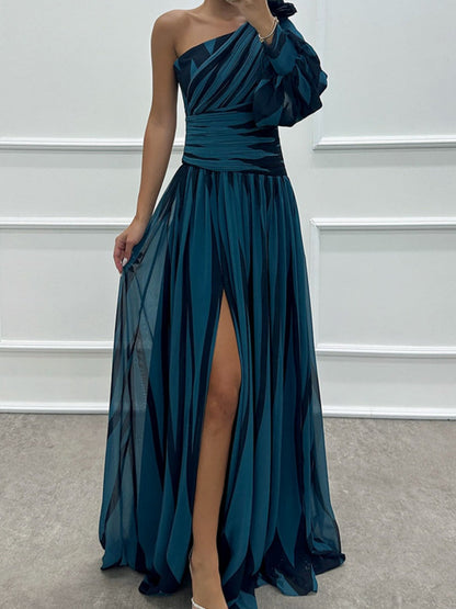 Color-blocked Printed Sloping Shoulders Slit Formal Dress Maxi Dresses