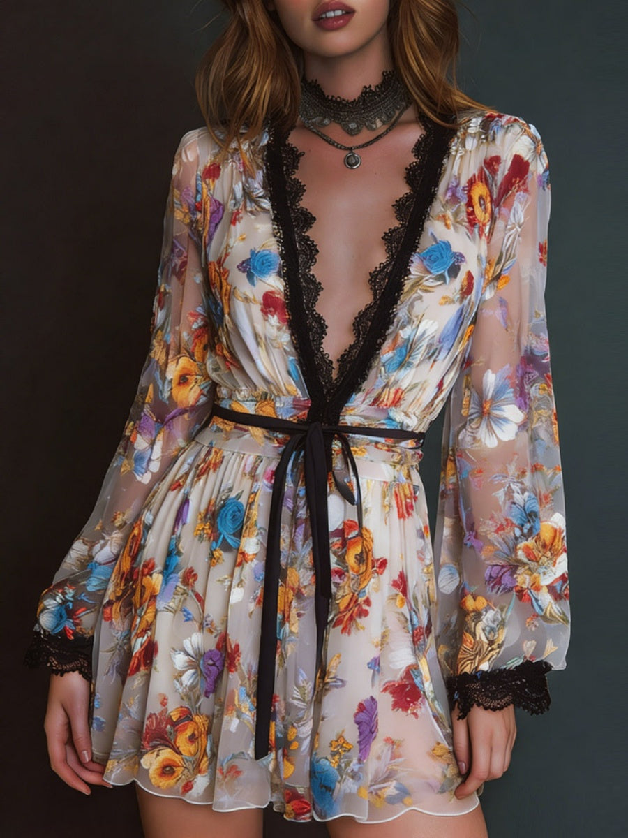 Lace Stitching Loose-fit Printed Mini&Short Dresses