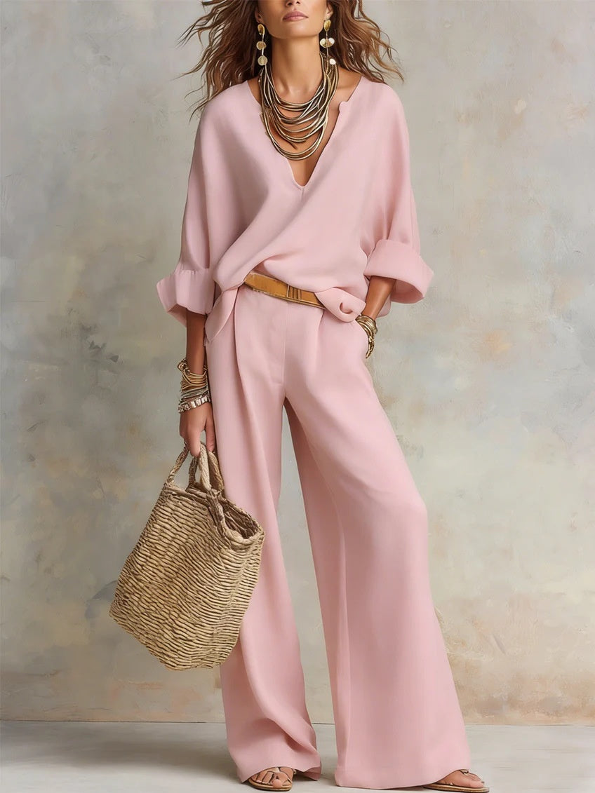 Casual Natural Linen Loose V-neck Vacation Two-piece Set