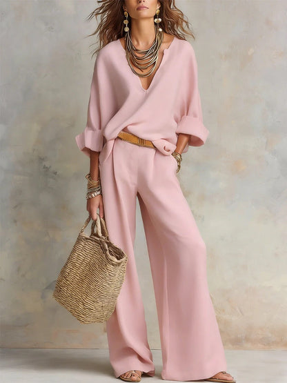 Casual Natural Linen Loose V-neck Vacation Two-piece Set