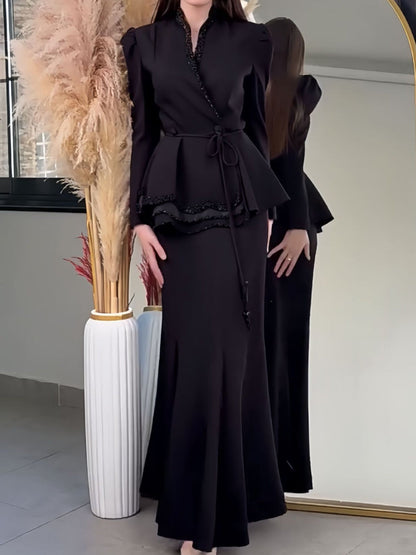 V-neck Tie-front Blazer And High-waisted Slimming Skirt Two-piece Set