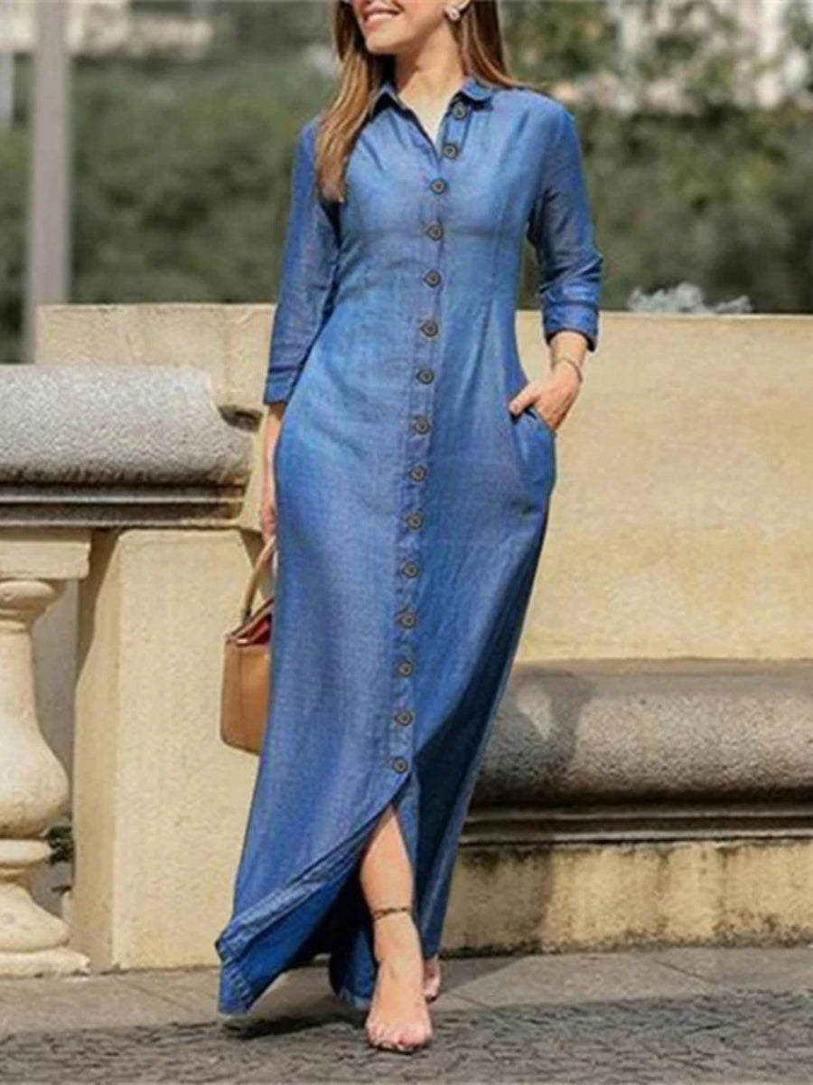 Shirt Collar, Pocket, Wide-hem Denim Maxi Dress