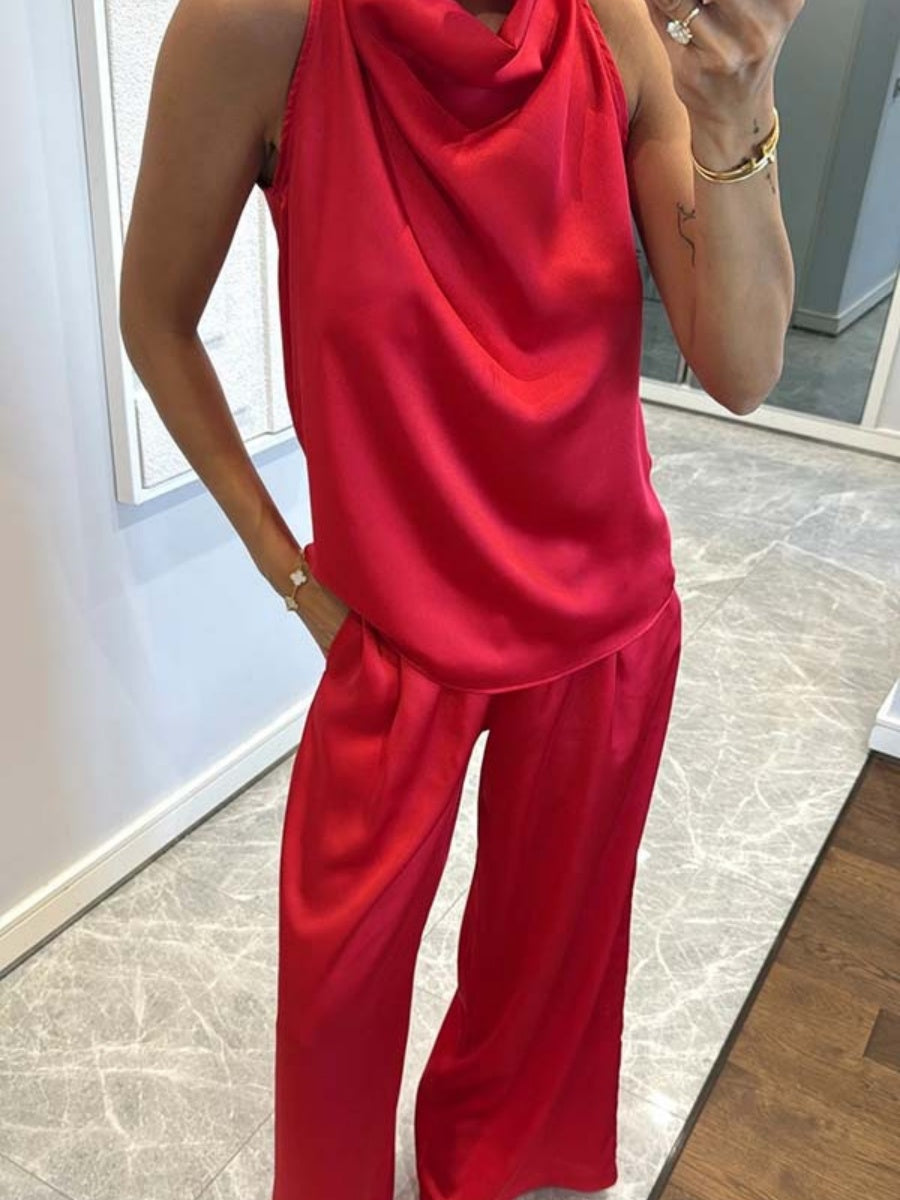 Swing Collar Sleeveless Top Straight-leg Trousers Set 2-piece Sets