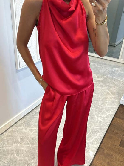 Swing Collar Sleeveless Top Straight-leg Trousers Set 2-piece Sets