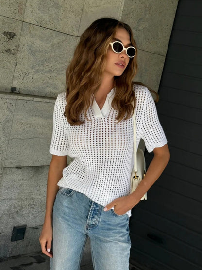 Hollow Crochet Lapel Short Sleeve Knitwear T-shirts