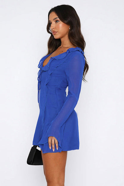 Ruffle Trim Tie Front Keyhole Deep V Neck Long Bell Sleeve Chiffon Mini Dress