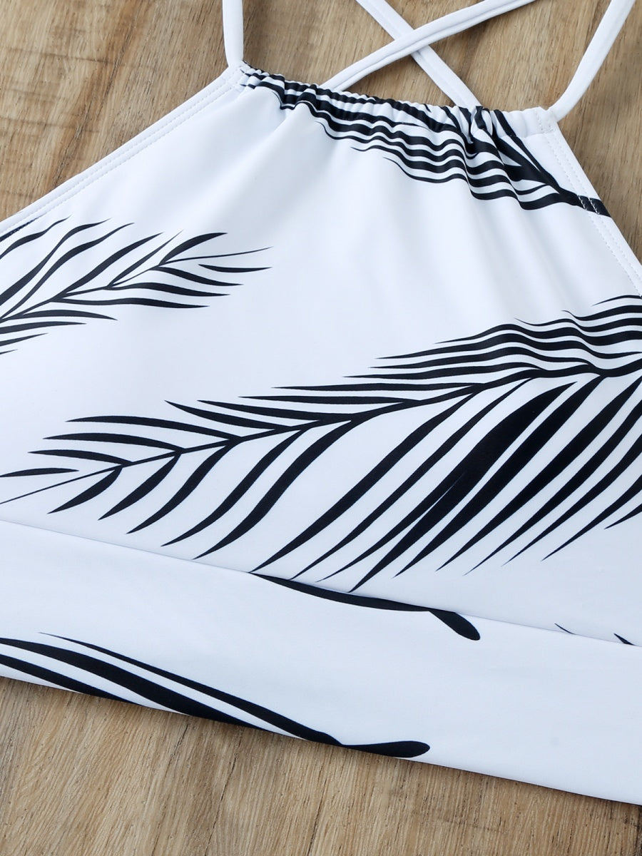 Feather Print Two-Piece Swimsuit With Sun Protection And Skirt (Three-Piece Set)