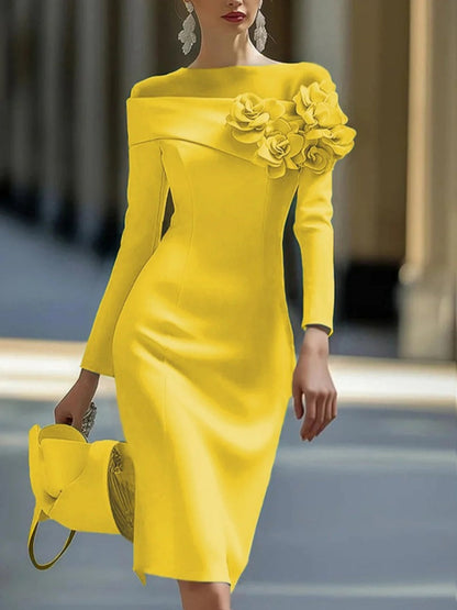 Round Neck, Solid Color, Slim Fit, Mid-length Dress With Side 3D Floral Embellishments