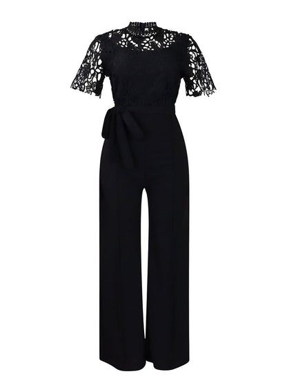 Lace Trim Hollow Short Sleeve Bandage High Waist Wide Leg Jumpsuits