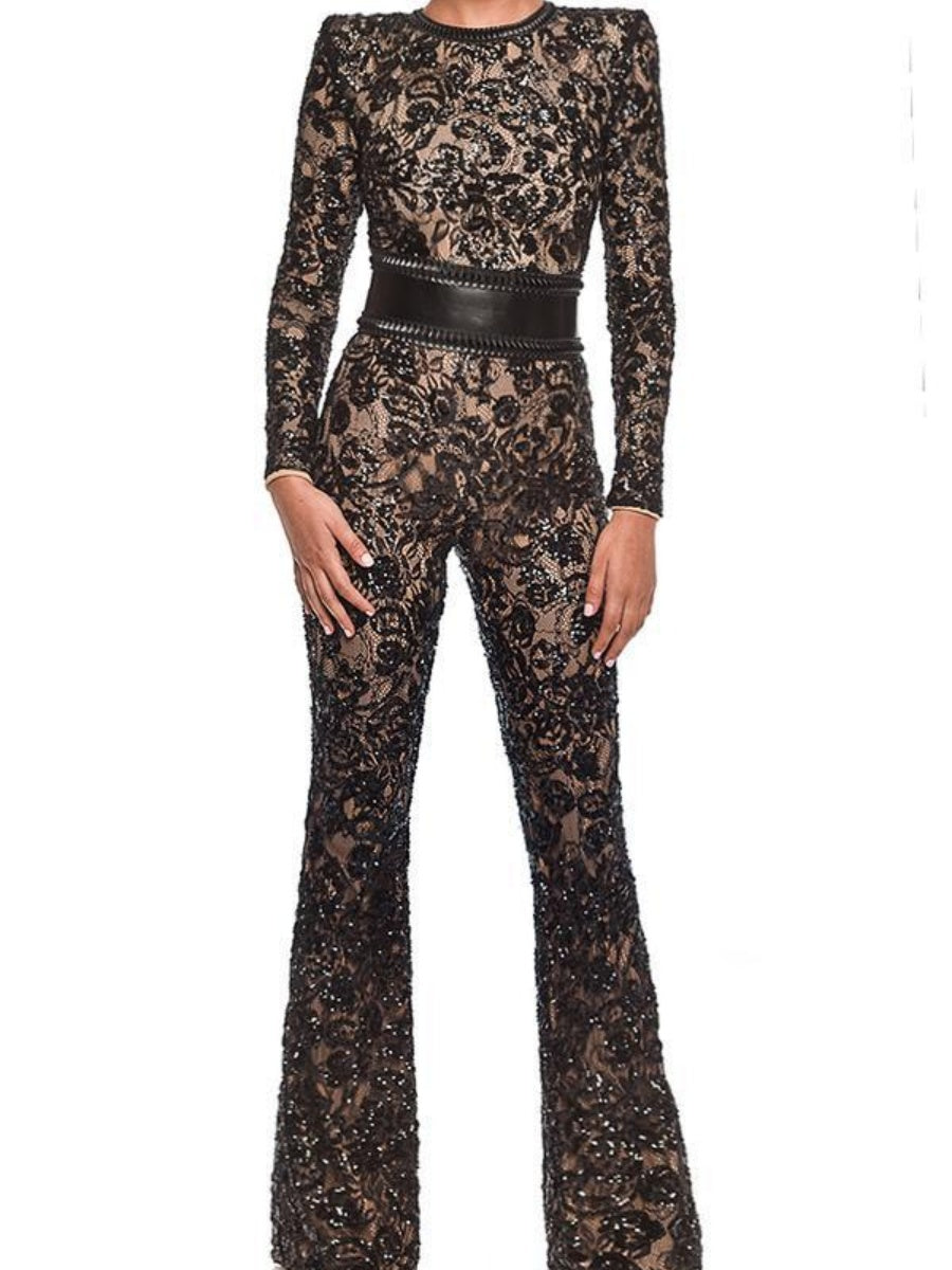 Lace-trimmed Bodycon Jumpsuit With Belt