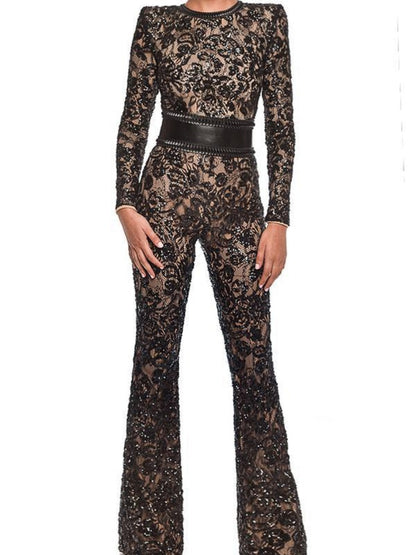 Lace-trimmed Bodycon Jumpsuit With Belt