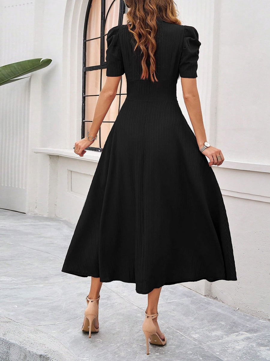 Pleated Waist Short Sleeve Maxi Dresses