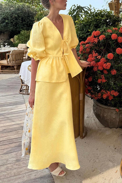 Puff Sleeve Tie-up Ruffle Cotton Shirt Skirt Set