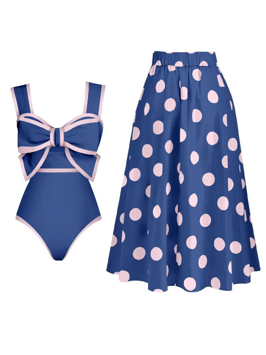 Black And White Color-blocked One-piece Swimsuit With Polka Dot Sun Protection Maxi Dress Two-piece Set