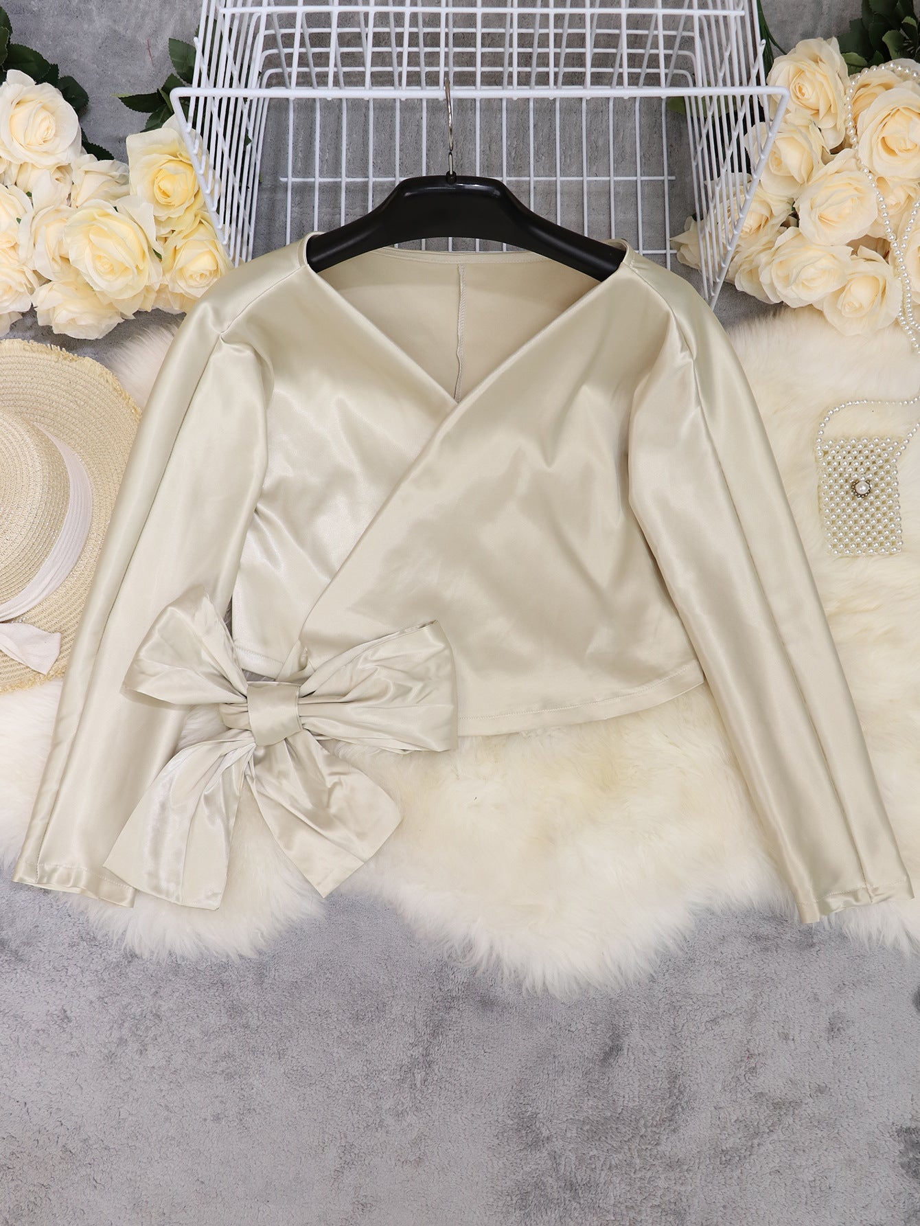 V-neck Long Sleeve Side Straps Silk Chiffon Blouse