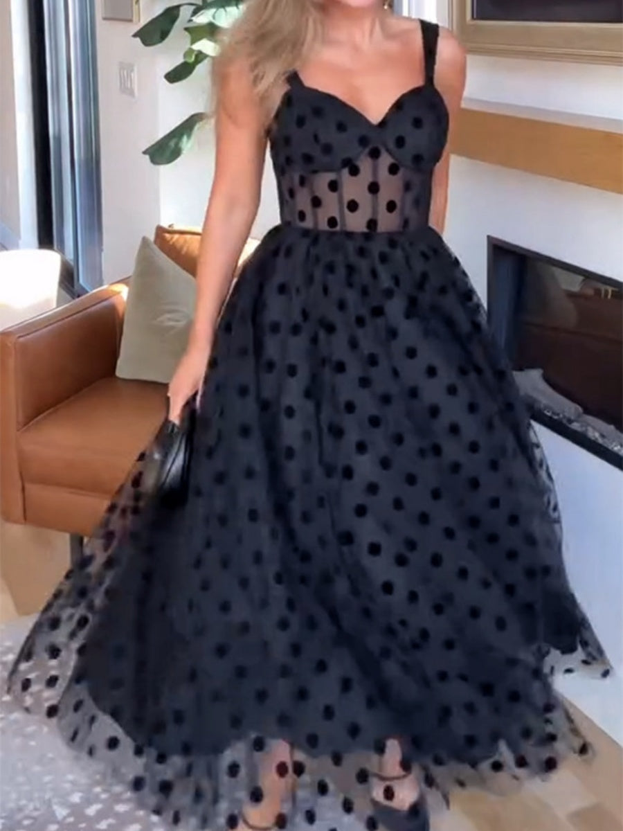 Mesh Polka Dots Temperament Little Black Dress Reunion Maxi Dresses