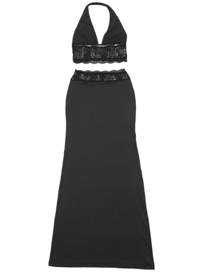 Neckband Navel Tank Tops Lace Bodycon Dress 2-piece Sets