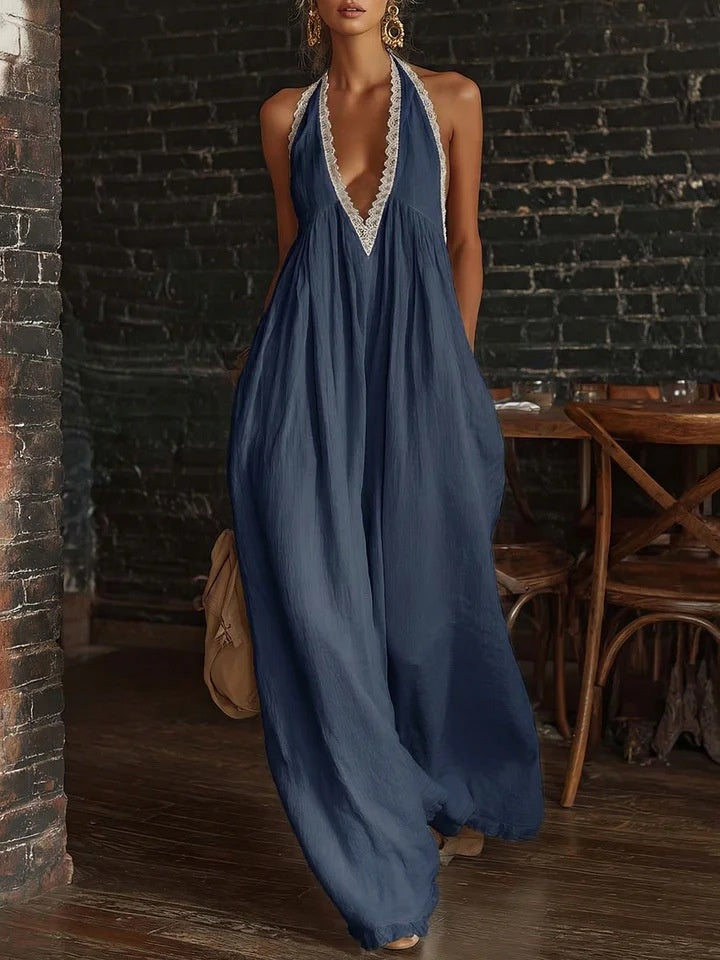 Elegant And Comfortable Lace-trimmed Loose Linen Jumpsuit