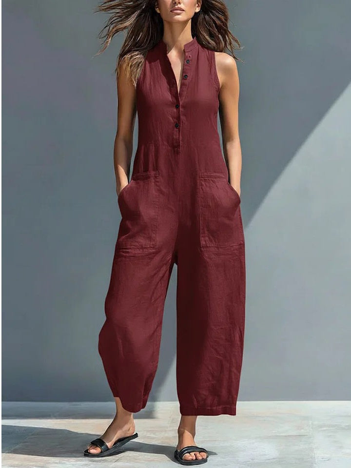 Simple Linen Blend Button-down Stand Collar Sleeveless Loose-fitting Jumpsuit