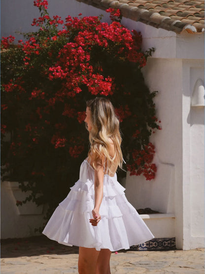 Pure Cotton Cake Skirt Backless Camisoles Beach Cover-up Mini&Short Dresses
