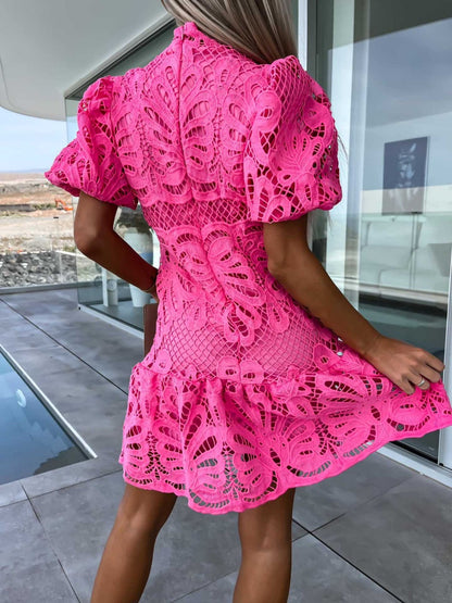 Solid Color Hollowed-out Water-soluble Lace Trim Elegant Mini&Short Dresses