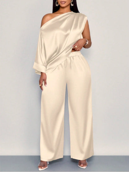 Satin Sloping Shoulders Short Sleeve Jacket Wide-leg Pants Set 2-piece Sets