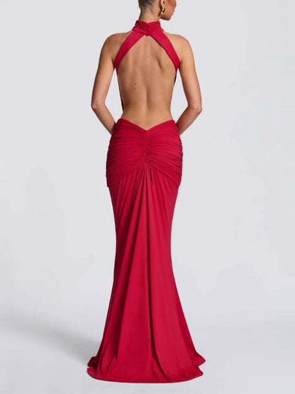 Turtleneck Gathering Hollow Backless Temperament Banquet Maxi Dresses