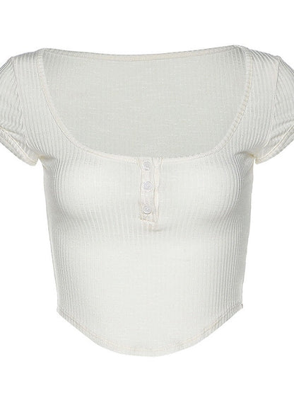 White U-neck Solid Color Sexy Cropped Slim-fit T-shirt