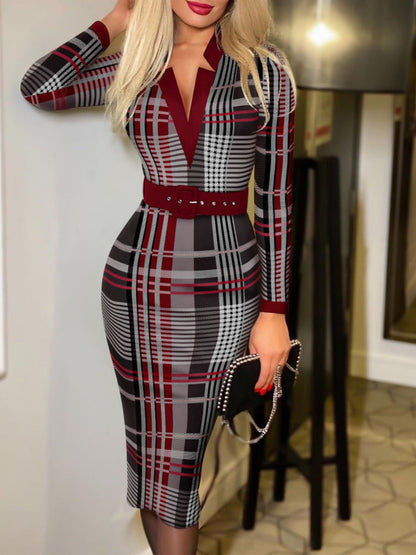 V-neck Hip-hugging Belts Plaid Midi Dresses