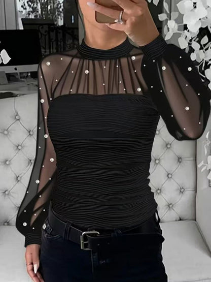 Beading Gathering Gauze T-shirt Sheer Tops