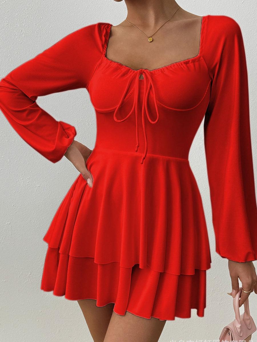 Temperament Grace Ruffle Long Sleeve Backless Lace Up Mini&Short Dresses