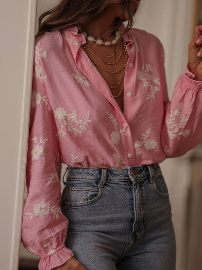 Floral Embroidery Color Block V-Neck Long-Sleeve Shirt